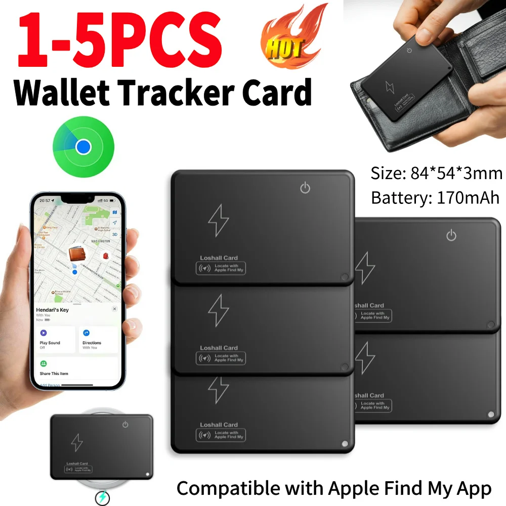1–5 Stück Brieftaschen-Tracker-Karte, Anti-Verlust-Karte, kompatibel mit Apple Find My App, kabellose Lade-Tracking-Standort, GPS-Locator Image