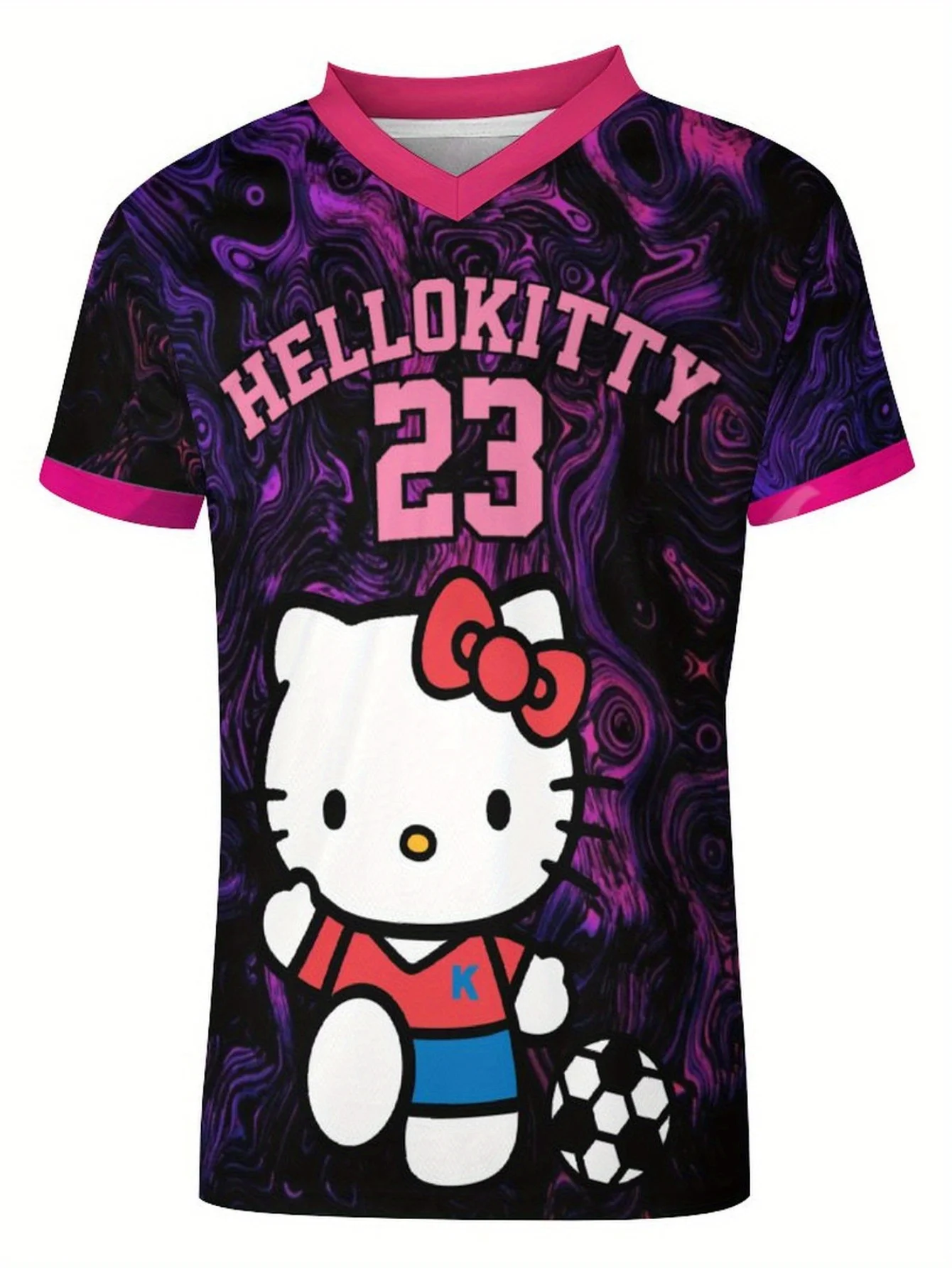 Hello Kitty Jersey-T-Shirt mit V-Ausschnitt für Damen, süßes Anime-Kurzarm-Sommer-Rosa- und Lila-Design, Fußballtrikot, Sporttrikot