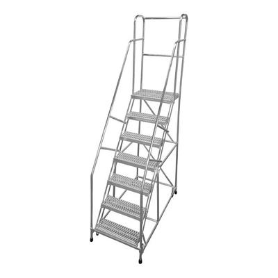 Cotterman Series A 24" x 14" x 100" 7-Step Welded Aluminum Rolling Ladder with Handrails and UnaGrip Serrated Tread A7R2630A3B3C50P6 - 350 lb. Capacity