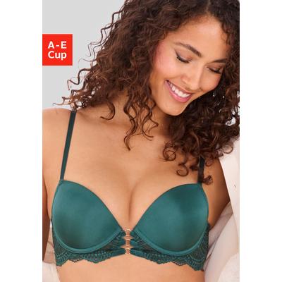 Push-up-BH LASCANA "Eleonora", Damen, Gr. 75, Cup D, grün (tannengrün), Spitze, Microtouch, Obermaterial: 60% Polyamid, 35% Polyester, 5% Elasthan, feminin, BHs, mit feiner Schnürung in Satin-Optik und Bänderdetail, sexy Dessous Image
