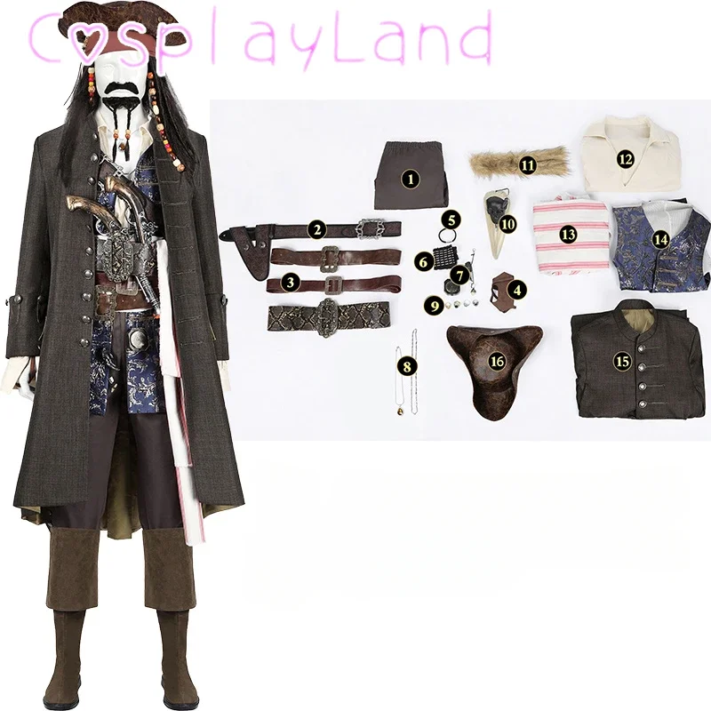 Film Pirates Jack Sparrow Cosplay Kostüm Kapitän Jack Jacke Mantel Hut Perücken Outfit Full Set Halloween Karneval Kostüm Männer Anzug Image