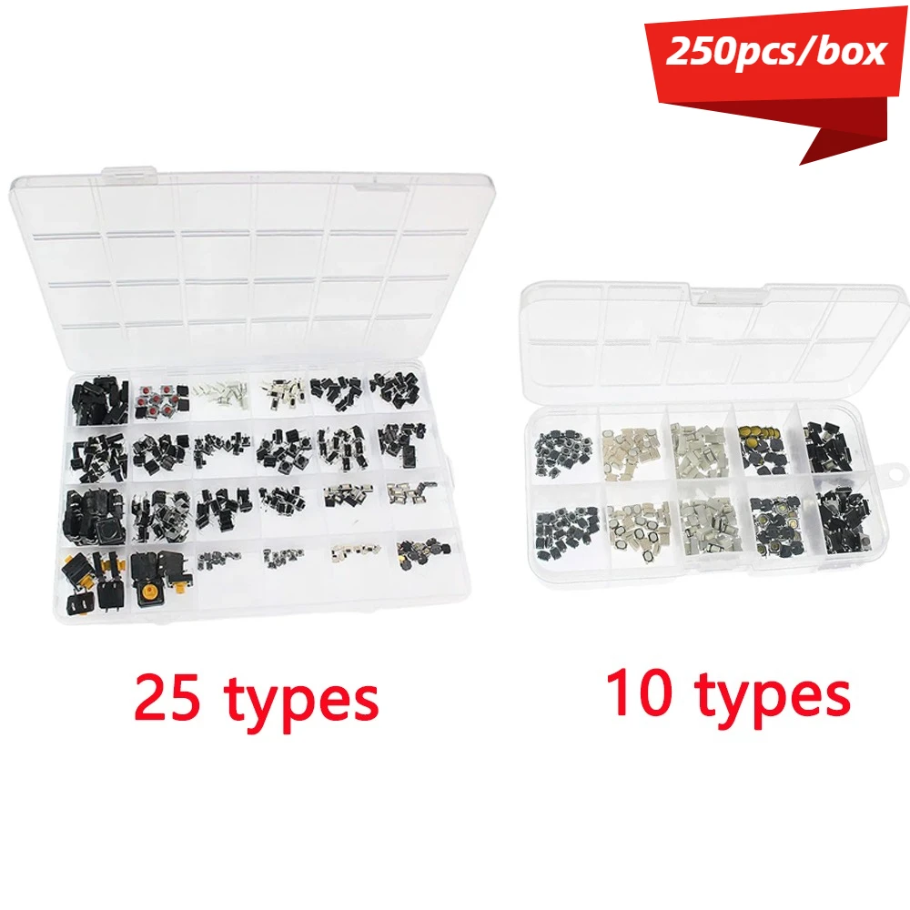 250 Stück Micro Tact Push Button Switch Assorted Kit 25 & 10 Typen SMD DIP 2*4 3*6 4*4 6*6 12*12 Reset Mini Leaf Switches für Arduin Image