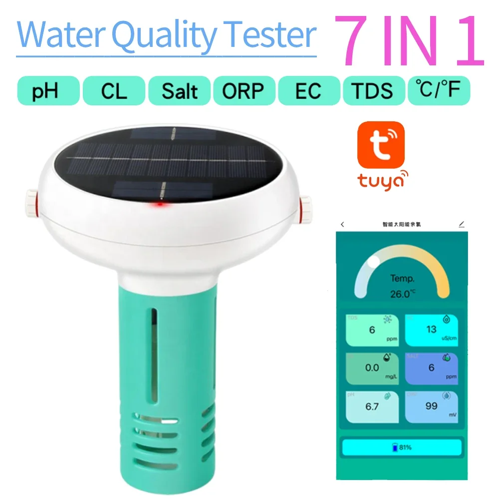 Compteur de chlore Intelligent 7 en 1, testeur de qualité de l'eau Compatible Bluetooth, testeur de sel de piscine, compteur de salinité, testeur de PH pour piscines