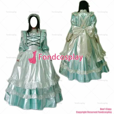 Fondcosplay Erwachsene sexy Cross-Dressing Sissy Maid langes hellgrünes dünnes PVC-Kleid abschließbar Uniform weiße Schürze CD/TV[G2455] Image