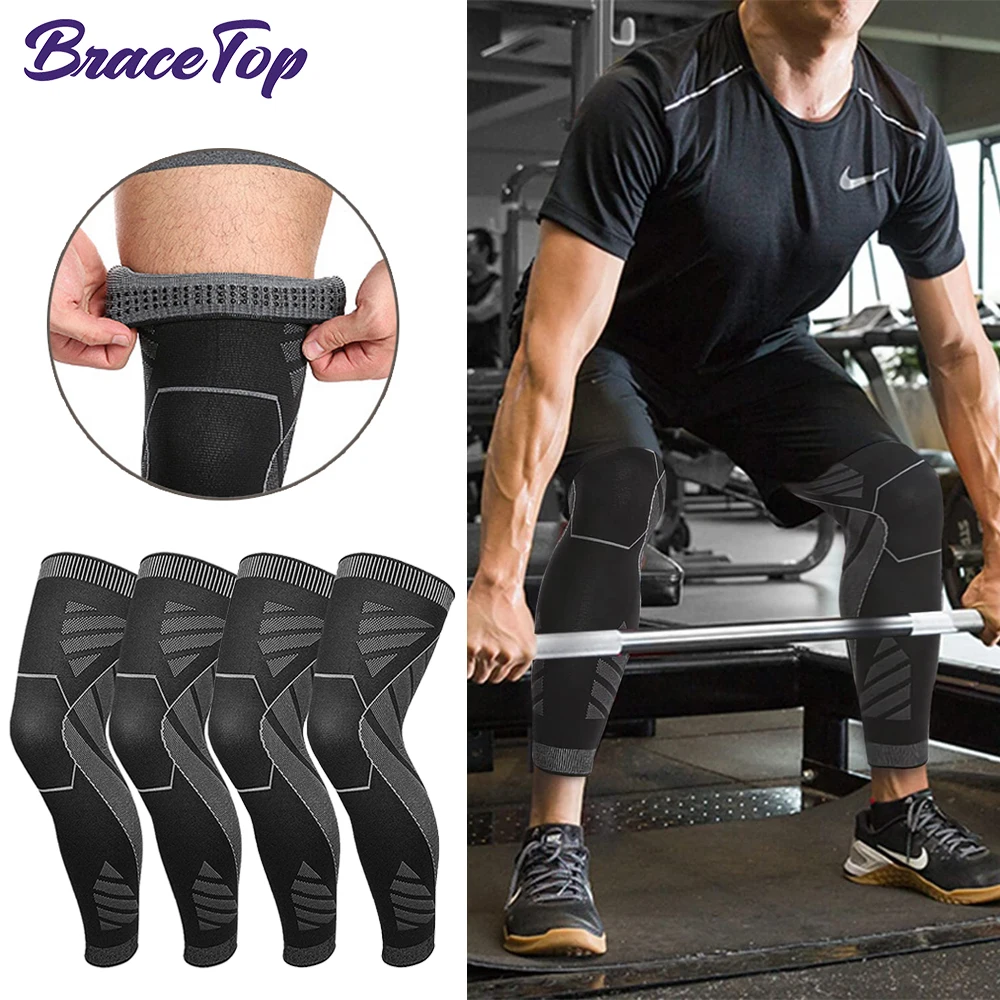 2 paia di ginocchiere lunghe professionali sportive, maniche a compressione, supporto per ginocchio con tutore per gamba intera, protezione per il basket, calcio