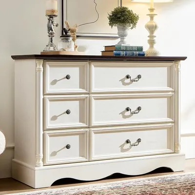 6 Drawers Dresser, Farmhouse Chest of Drawers with Charging Station, Distressed Finish Design, Modern Storage Dressers Organizer