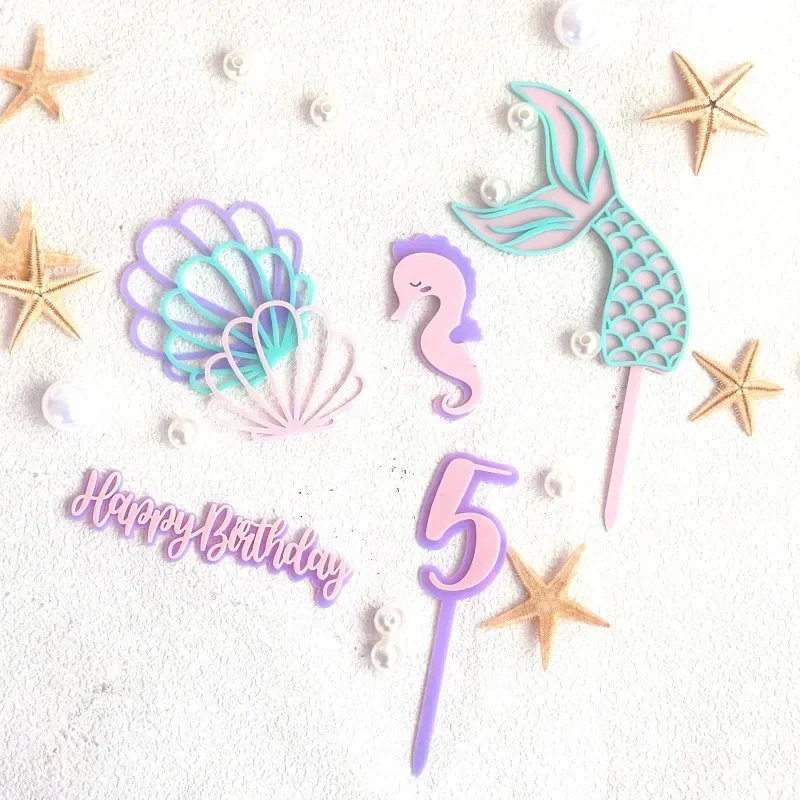 DIY Acryl Kuchen Topper 1-5 Jahre alt Ozean Thema mit Muschel Fischschwanz Seepferdchen für Baby Mädchen Geburtstag Party Dekorationen Image