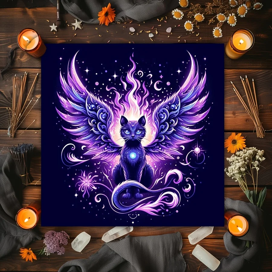 VIKAMA Lila geflügelte Katze, magische Tischdecke, Sterne, wasserfest, Tarotkarten, spirituelles Ritual, böhmische Heimweissenschaften Image