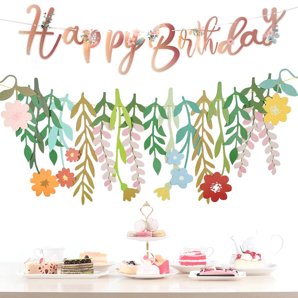Blumenbanner Alles Gute zum Geburtstag Wildblumengirlande für Mode Böhmischer Garten Hochzeit Geburtstag Babyparty Blumenparty Dekoration Image