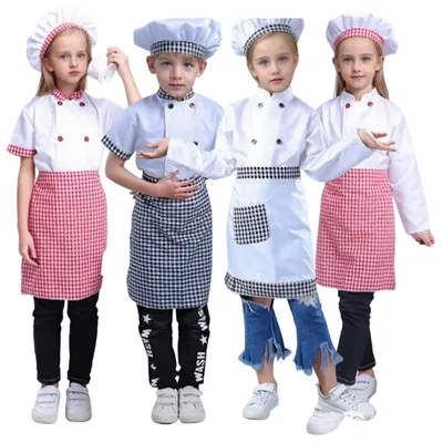 Dreiteiliges Set Kinder Koch Kochuniform Junge Mädchen Restaurant Küche T-Shirt Schürze Top Cap Cosplay Kostüme Halloween Dress Up Image