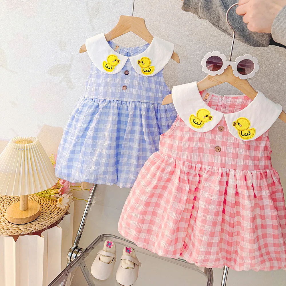 Mädchen Kleid Sommer Plaid Cartoon Print Ärmelloses Baby Mädchen Kleid Nette Baumwolle Revers Mädchen Strand Kleid Baby Kleidung Mädchen Image