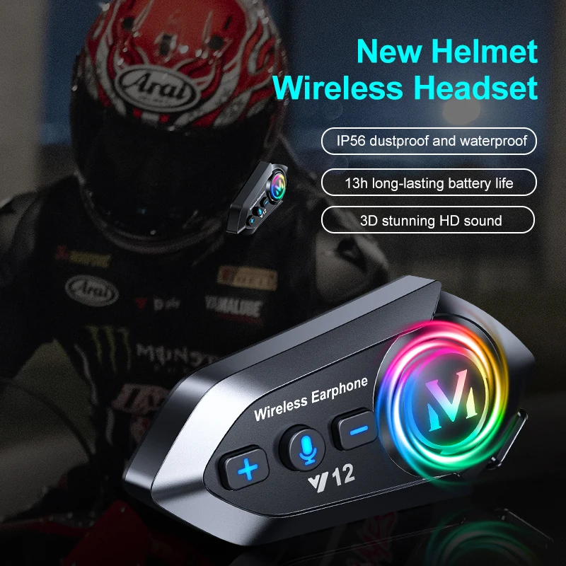 Motorrad Bluetooth Helm Headset AI Sprachsteuerung Wasserdicht Intelligente Rauschunterdrückung 160H Erweiterte Akkulaufzeit RGB-Licht  Image