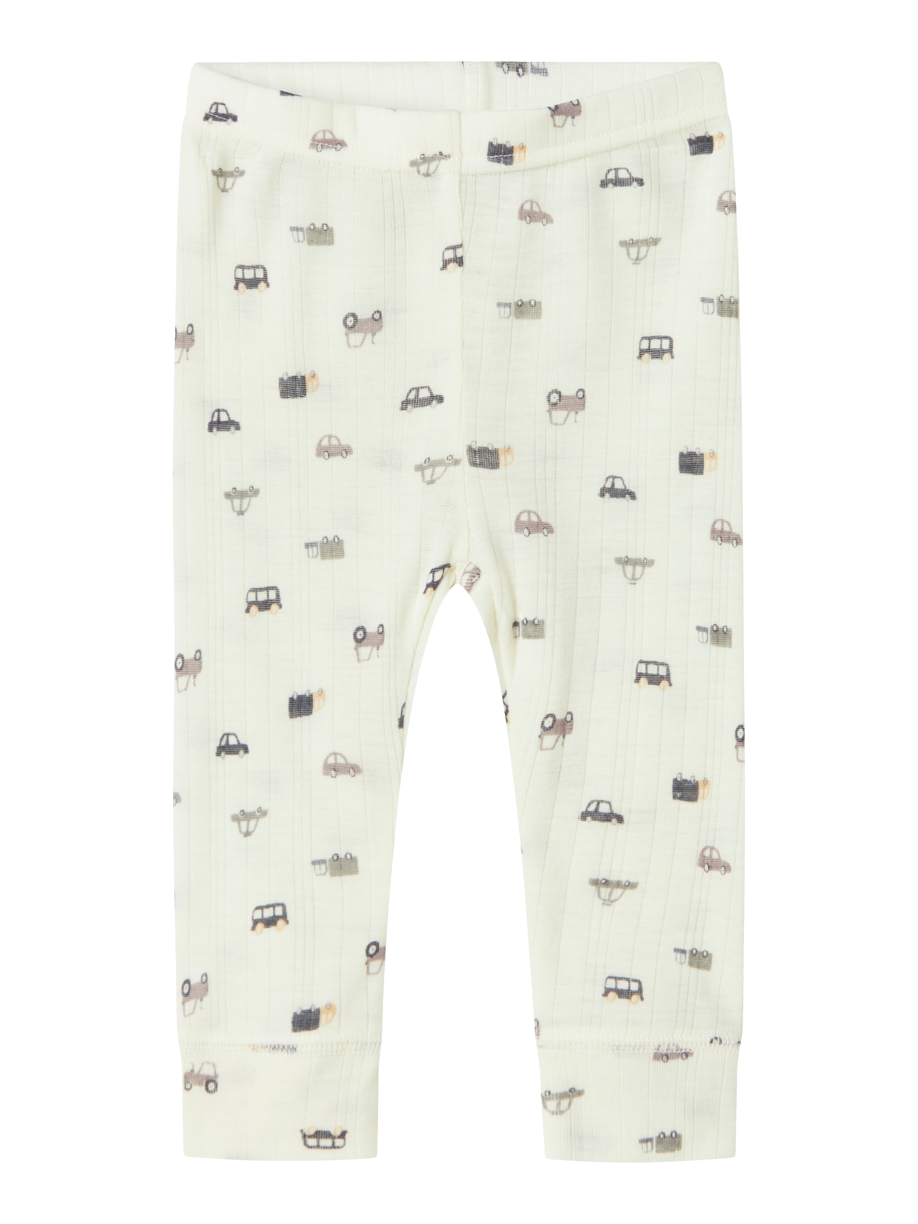 Leggings NAME IT "NBMWANG WOOL NEEDLE LONGJOHN NOOS", Baby, Gr. 56, N-Gr, snow weiß aop:small cars, Strick, Obermaterial: 100% Wolle, bedruckt, Casual, regular fit knöchellang, Hosen Image