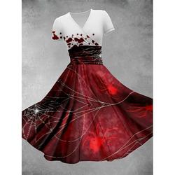 Halloween Frauen Midi Kleid Wickelkleid A-Linie Kleid Sommerkleid Fit und Flare Kleid Party Casual Alltag Feiertag Reguläre Passform Grafik Abstrakt Kurzarm V-Ausschnitt Rot Beige Grau Sommer Herbst