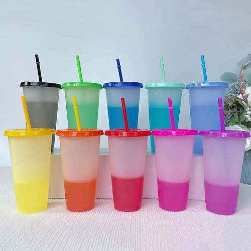 10 Farbwechselbecher mit Deckel und Strohhalm, 24 oz/710 ml wiederverwendbare Becher für Kaltgetränke, temperaturempfindliche Plastikbecher für draußen, Reisen, Partys, Geschenke Image