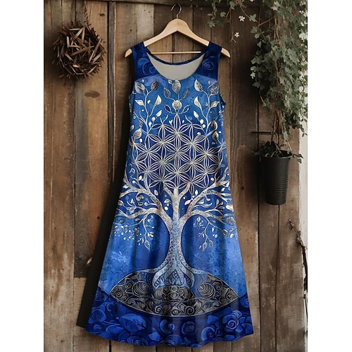Damen Midikleid Sommerkleid A Linie Kleid Urlaub Lässig Boho Hochzeit Party Ausgehen Standard Passform Blumen Grafik Blatt Ärmellos U-Ausschnitt Silber Dunkelviolett Meerblau Regenbogen Sommer Image