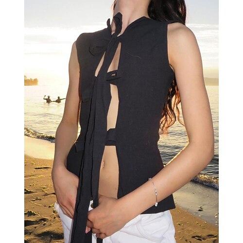 Damen Bluse Einfach Stilvoll Modern Ärmellos Hemdkragen Normale Oberteile Ferien Ausgehen Ausschnitt Schwarz Wein Sommer
