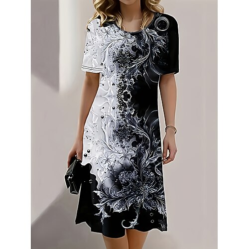 Damen Midikleid Druckkleid Mode Modern Täglich Teegesellschaft Ausgehen Lässiger Schnitt Blumen Abstrakt Kurzarm Rundhalsausschnitt Blau Schwarz Gelb Dunkelblau Sommer Frühling Image