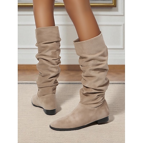 Lässige, kniehohe, flache Damenstiefel – taupefarbene Wildlederimitatstiefel im Retro-Stil für den Herbst für den lässigen Alltag und Kostüme Image