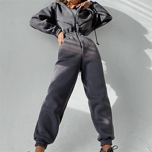 Damen Overall Sportbekleidungsset Einteilig Athleisure Herbst Langarm Thermowarm Winddicht Weich Fitnessstudio Training Sport Sportbekleidung Sportkleidung Einfarbig Schwarz Weiß Rosa
