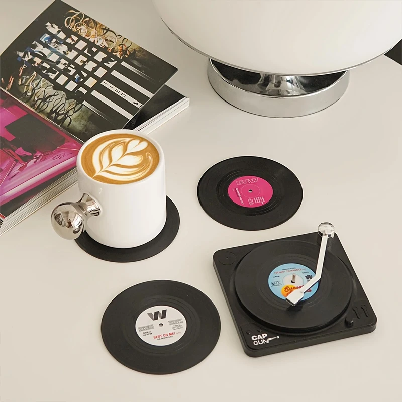 6-teiliger Schallplattenuntersetzer mit Aufbewahrungsständer für Spieler, Retro-Vinyl-Schallplattenuntersetzer, für Heimdekoration, rutschfester isolierter Untersetzer, Couchtischuntersetzer, Geschenk Image
