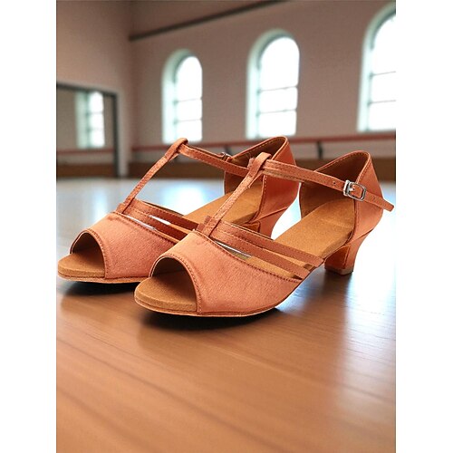Schwarze Latein-Tanzschuhe aus Satin für Damen – T-Riemen-Peep-Toe-Ballsaal-Absätze für Anfänger und Profis, ideal für Salsa, Rumba und Übungsstunden Image