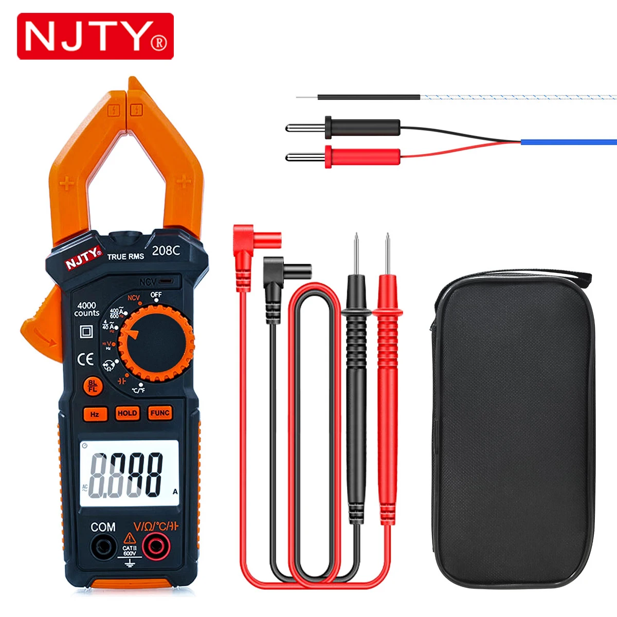 NJTY 208A 208C 208F Professionelles digitales Zangenmessgerät Multimeter True RMS 4000 Zähl AC/DC Spannung Strom Ohm Kondensator Tester Image