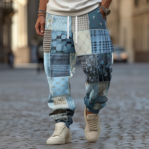 Herren Farbblock Patchwork Jogginghose Hose Mittlere Taille Kordelzug Elastischer Bund Vintage Ethnisch Joggen Streetwear Trainieren Sportliche Jogginghose mit Taschen Frühling Herbst 3D-Druck Rote Image