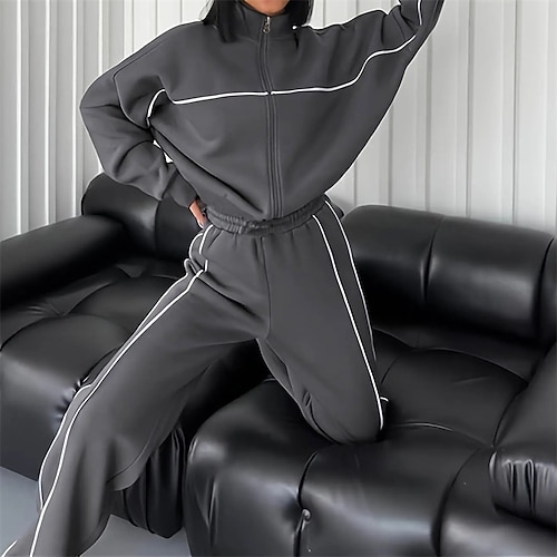 Damen Trainingsanzug Jogginganzug Sportbekleidungsset Tasche Kombination Herbst Winter Schwarz Weiß Fitnessstudio Training Sport Thermowarm Winddicht Weich Langarm Sport Sportkleidung Mikroelastisch Image