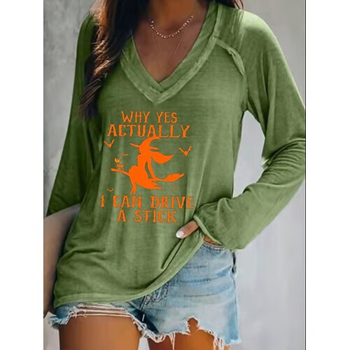 Damen T-Shirt Hexe Langarm V-Ausschnitt Langarm Grafik Casual Buchstaben Vintage Stylisch Westliche Oberteile Alltag Wochenende Urlaubsbekleidung Druck Schwarz Weiß Pink Marineblau Blau Frühling Image