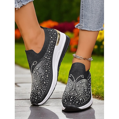 Damen Strass Flyknit Slip-On Sneaker – funkelnde Keilschuhe für Festivals, Reisen und den Alltag Image