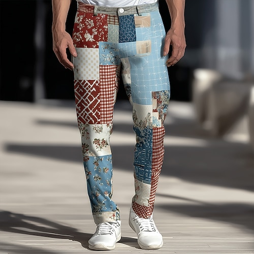Herren Geometrisch Farbblock Patchwork Anzughose Hose Mittlere Taille Ethnisch Vintage-Retro Outdoor Ferien Slim Fit Hose mit Taschen Frühling Herbst 3D-Druck Blau Image