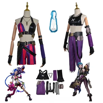 Spiel LoL Arcane 2 Jinx Cosplay Kostüm Frauen Roleplay Outfits Perücke Weibliche Handschuhe Tops Gürtel Mädchen Halloween Party Anzüge Image