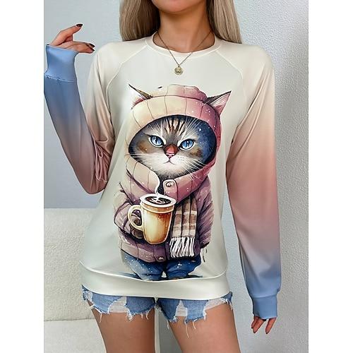 Damen Pullover Sweatshirt Grafik Tiermotiv Mode Lässig Langarm Rundhalsausschnitt Normale Oberteile Straße Alltagskleidung Druck Beige Herbst Winter