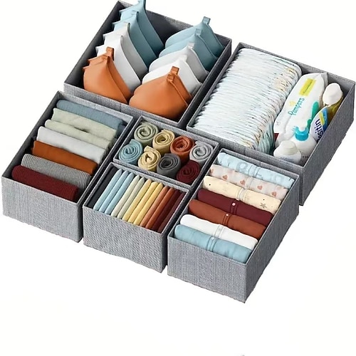 6 Schubladen-Aufbewahrungsboxen, Organizer aus schwarzem und grauem Vliesstoff für Kinderzimmer, Schlafzimmer, Schrank, einfache Montage, waschbar, doppelt verwendbar für Zuhause und Büro Image