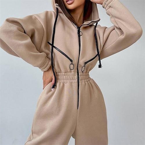 Damen Overall Sportbekleidungsset Einteilig Athleisure Herbst Langarm Thermowarm Winddicht Weich Fitnessstudio Training Sport Sportbekleidung Sportkleidung Einfarbig Schwarz Weiß Rosa