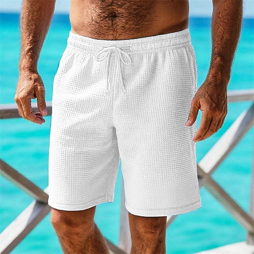 Herren Waffel-Shorts Shorts Sommershorts Freizeitshorts Kordelzug Tasche Elastischer Bund Einfach Komfort Atmungsaktiv Kurz Outdoor Urlaub Sport Lässig Weiß Rosa Image