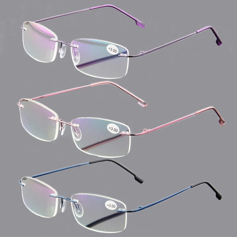 Frauen Lesebrille Randlose Schnittkante Presbyopie Brille Anti Blaues Licht Anti Müdigkeit Plus Brille Presbyopie Klare Linse Image