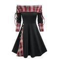 Damen Minikleid A Linie Kleid Lässig Täglich Normale Passform Karomuster Langarm Schulterfrei Schwarz Rote Marineblau Königliches Blau Frühling Herbst Winter