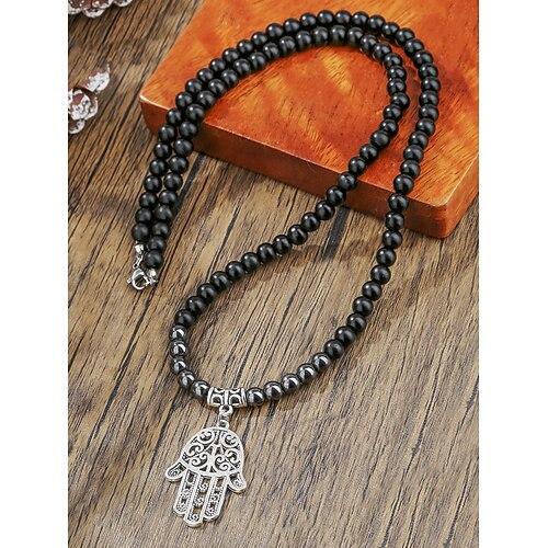 Schwarze Perlenkette für Herren mit silbernem Hamsa-Hand-Anhänger – spiritueller Schmuck im Boho-Stil für Männer, ideal für die Freizeit, Festivals oder zum Verschenken Image
