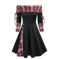 Damen Minikleid A Linie Kleid Lässig Täglich Normale Passform Karomuster Langarm Schulterfrei Schwarz Rote Marineblau Königliches Blau Frühling Herbst Winter