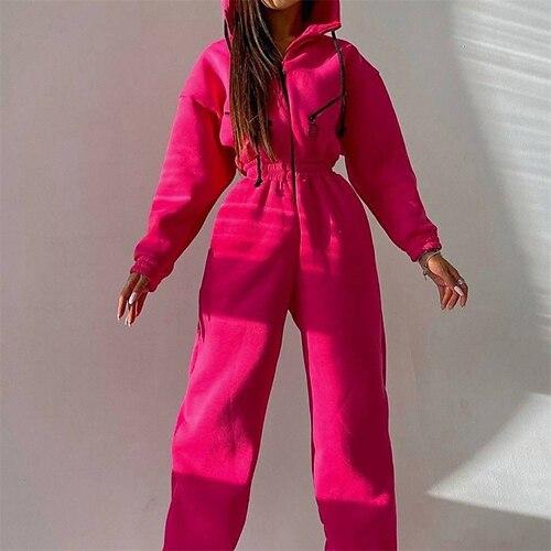 Damen Overall Sportbekleidungsset Einteilig Athleisure Herbst Langarm Thermowarm Winddicht Weich Fitnessstudio Training Sport Sportbekleidung Sportkleidung Einfarbig Schwarz Weiß Rosa