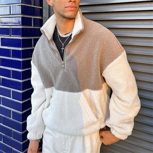 Herren Sweatshirt Polarfleece Viertelreißverschluss Sweatshirt Khaki Halber Reißverschluss Farbblock Reißverschluss Sport Outdoor Täglich Ferien Polyester Streetwear Basic Lässig Winter Bekleidung