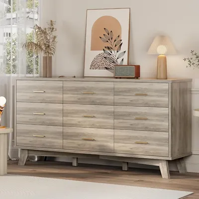 Dresser for Bedroom, 9 Drawer Wide Modern Chest of Drawers with X-Shaped Sturdy Base, Wood Double Dresser Closet Clothes Storage