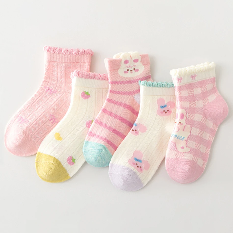 5 Paar Mädchen-Cartoon-Socken, atmungsaktive Mesh-Söckchen, Sommer, leicht, weich, bequem, für Kinder, Schule, Kinder, Socken 2025 Image