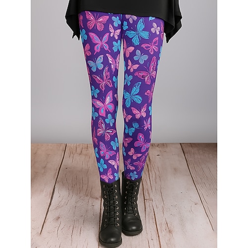 Damen Leggings Urlaub Vintage Ethno-Stil Knöchellang Hohe Taille Grafik Schmetterling 3D-Druck Schnelltrocknend Atmungsaktivität Weich Dehnbar Täglich Heim Outdoor Dunkellila Schwarz Purpur Herbst Image