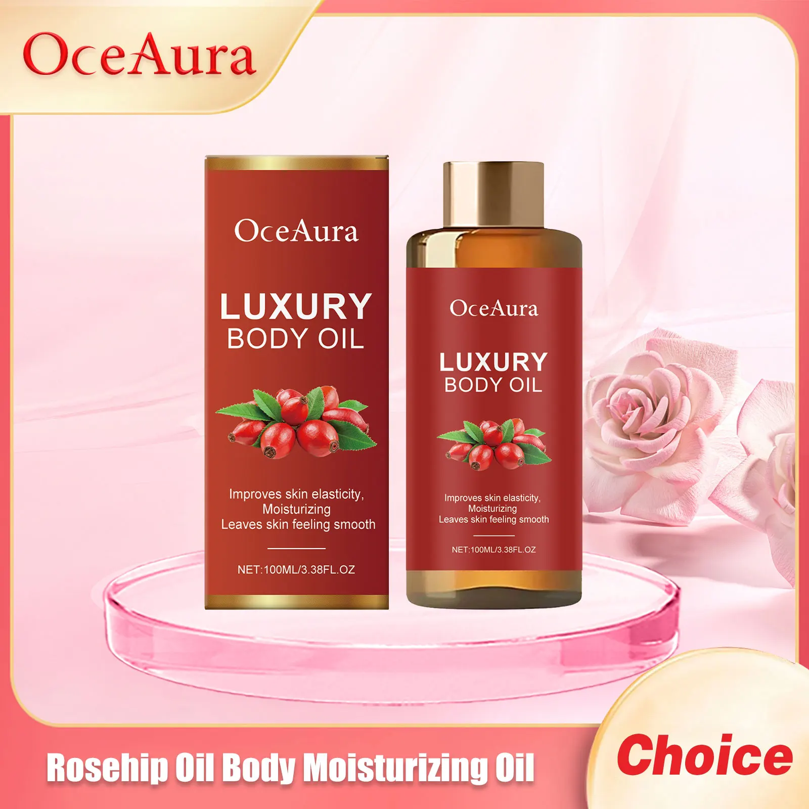 Oceaura Hagebuttenöl, feuchtigkeitsspendende Körperöle, verbessert die Elastizität, hält Aufhellung, nährt trocken, Anti-Cellulite-Körperformungsessenz Image