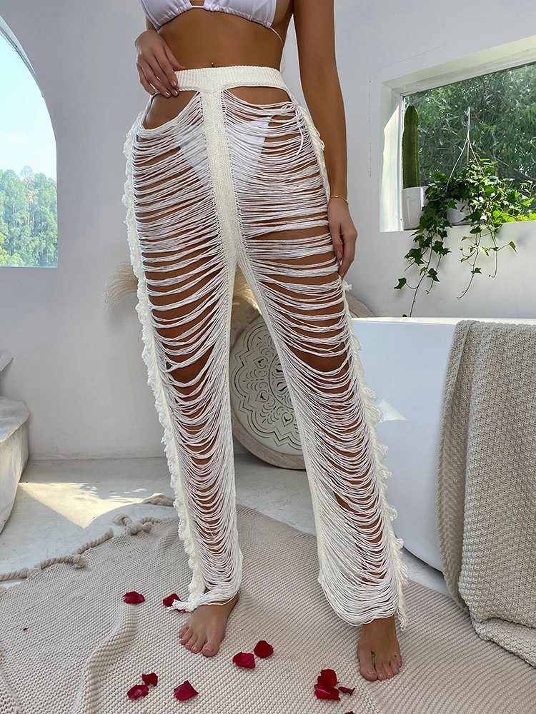 Strand-Cover-Up-Badeanzughose, Netz-Badeanzug, aushöhlen, Strandmode, gestrickter Badeanzug, ausgehöhlte Hose, hohe Taille, Streetwear Image