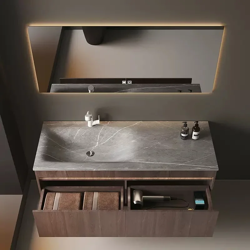 Mobili da bagno di lusso leggeri Lavabo integrato con lastra di roccia Mobiletto da bagno moderno in legno massello Mobili da bagno Vanity