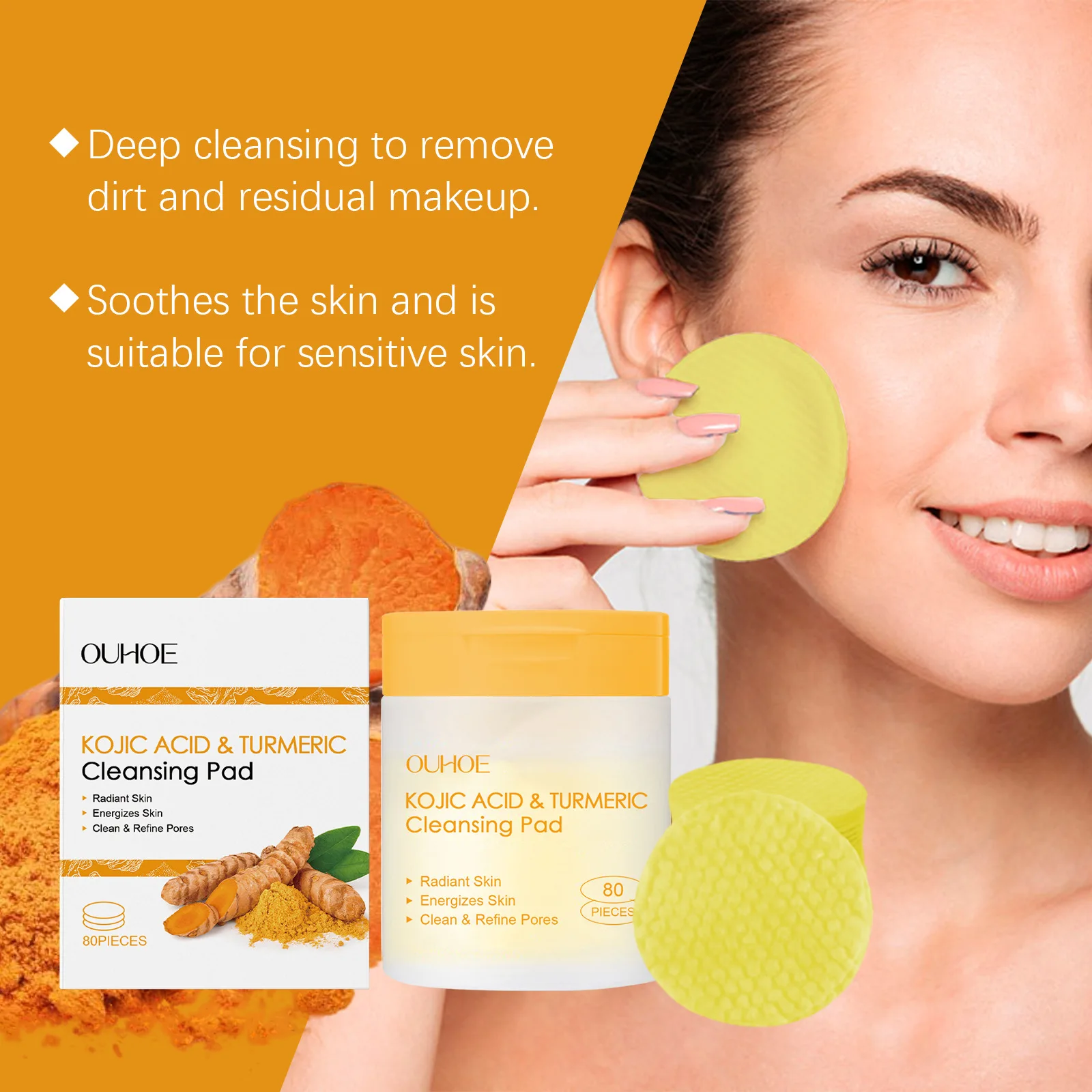 OUHOE Kurkuma-Kojisäure-Peeling-Reinigungspads, verblasst dunkle Flecken, Öl, aufhellend, feuchtigkeitsspendend, aufhellend, Gesichtsschwämme aus Baumwolle Image